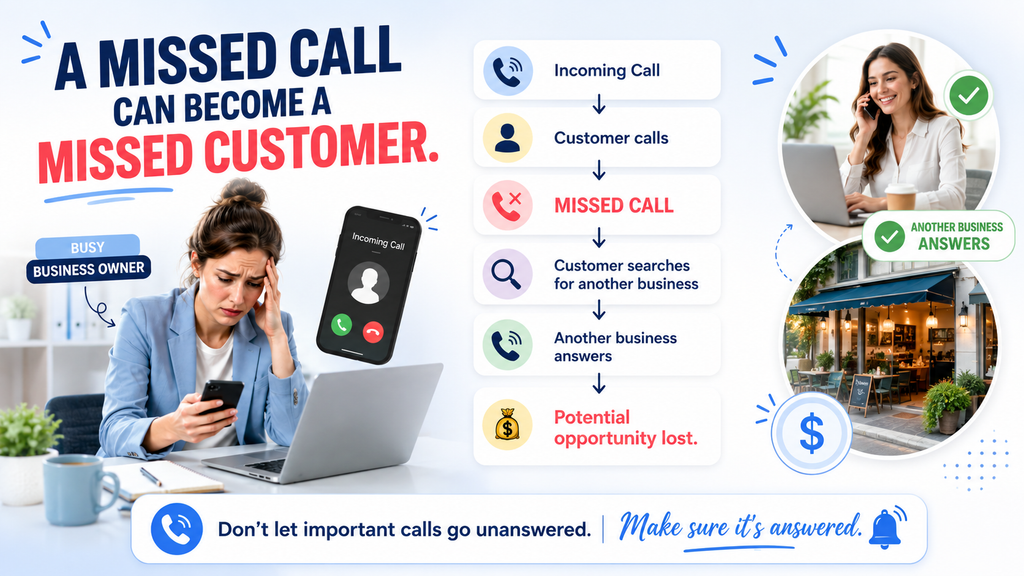 Small business owner missing a customer call, showing how an AI receptionist AI receptionist can answer calls and help capture potential leads