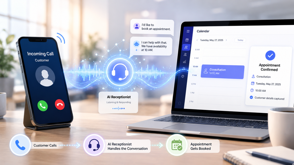 AI receptionist answering a customer call and scheduling an appointment for a small business