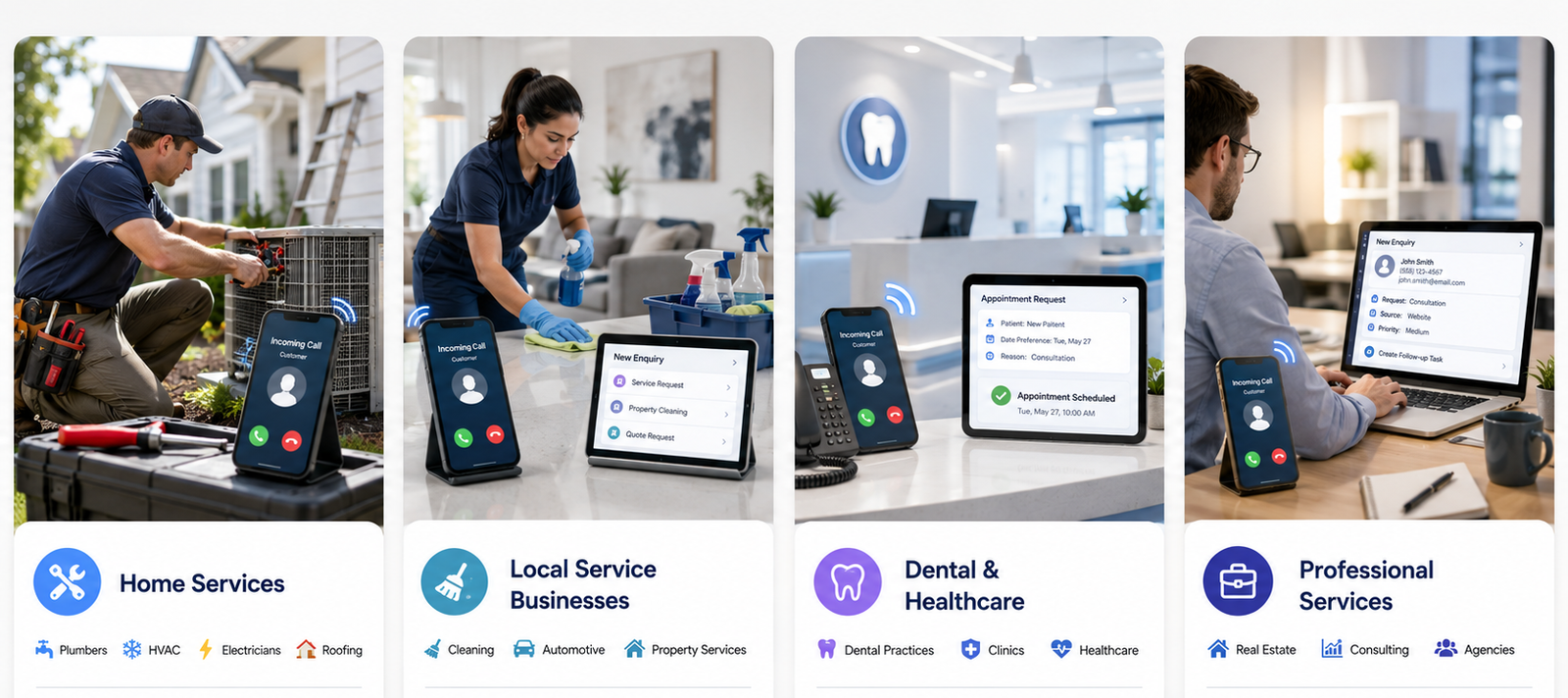 AI receptionist for small businesses handling calls, enquiries and schedule appointments for home services, plumbers, HVAC, cleaning companies, dental clinics, roofing, med spa, healthcare clinics, real estate, consulting, and other professional services.